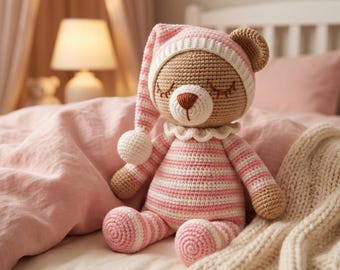 Crochet Sleepy Bear Plush, Handmade Amigurumi Teddy Bear, Baby Nursery Keepsake