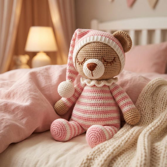Crochet Sleepy Bear Plush, Handmade Amigurumi Teddy Bear, Baby Nursery Keepsake
