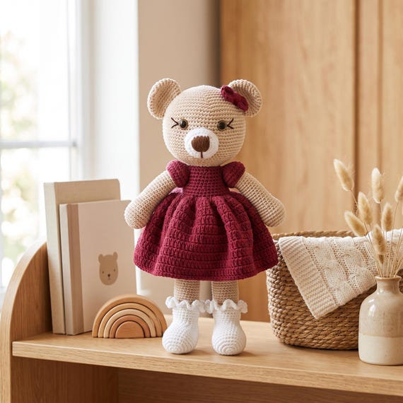 Tığ İşi Ayıcık Peluş, 12 inç Kişiselleştirilebilir Amigurumi Oyuncak - Kız Bebek Odası Dekorasyonu