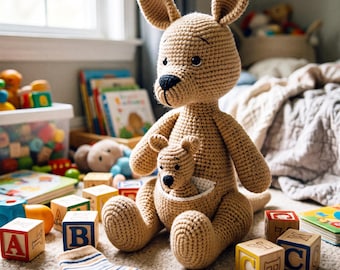 Crochet Kangaroo Stuffed Plush, Handmade Amigurumi Mom and Baby, Newborn Baby Shower Gift