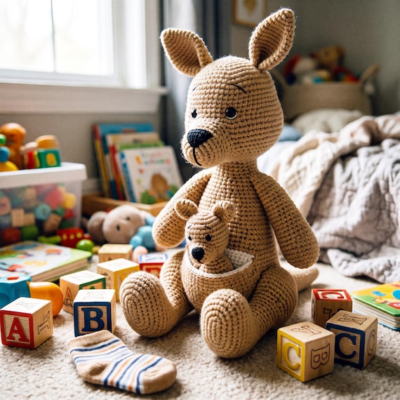 Crochet Kangaroo Stuffed Plush, Handmade Amigurumi Mom and Baby, Newborn Baby Shower Gift