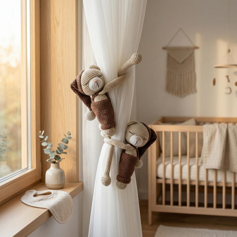 May include: Two crocheted bear-shaped curtain tiebacks in shades of beige and brown. Each bear features a sleeping expression with closed eyes, a small snout, and long arms designed to wrap around and secure a sheer white curtain panel.