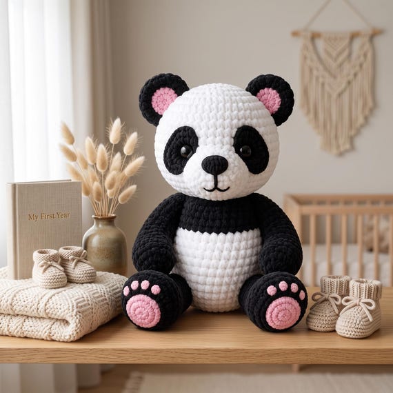 Crochet Panda Plush, Soft Velvet Stuffed Animal, Gender Neutral Baby Shower Gift