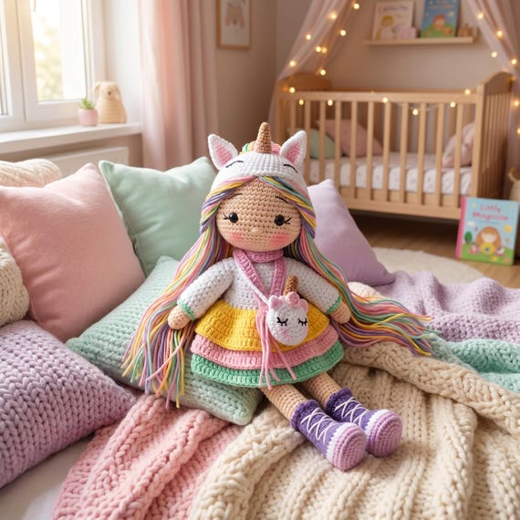 Crochet Unicorn Doll, Handmade Amigurumi Girl, Rainbow Nursery Decor