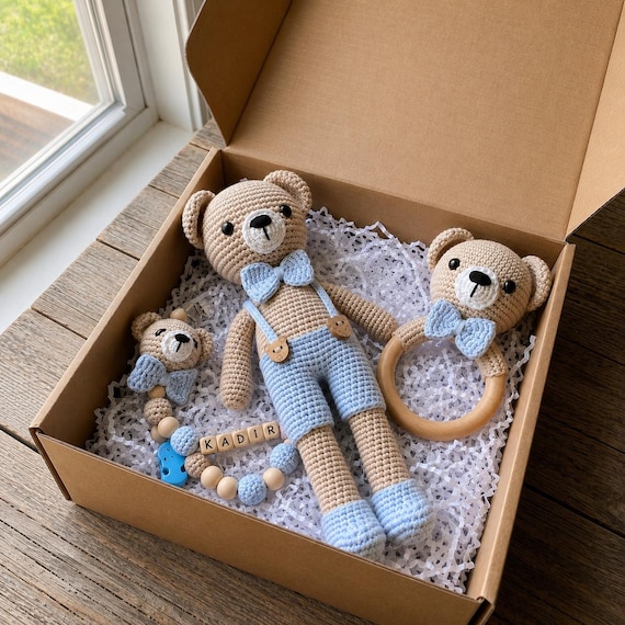 Personalized Crochet Teddy Bear Gift Box, Handmade Keepsake Set, Custom Newborn Nursery Decor