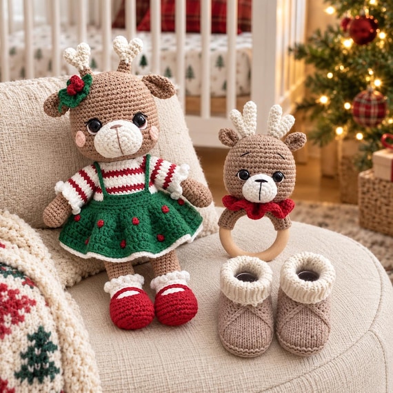 Baby&#39;s First Christmas Reindeer Gift Set, Crochet Plush Rattle and Booties