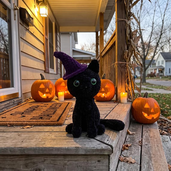 Crochet Black Cat Plush, Witch Hat Halloween Decoration, Fall Gift for Her