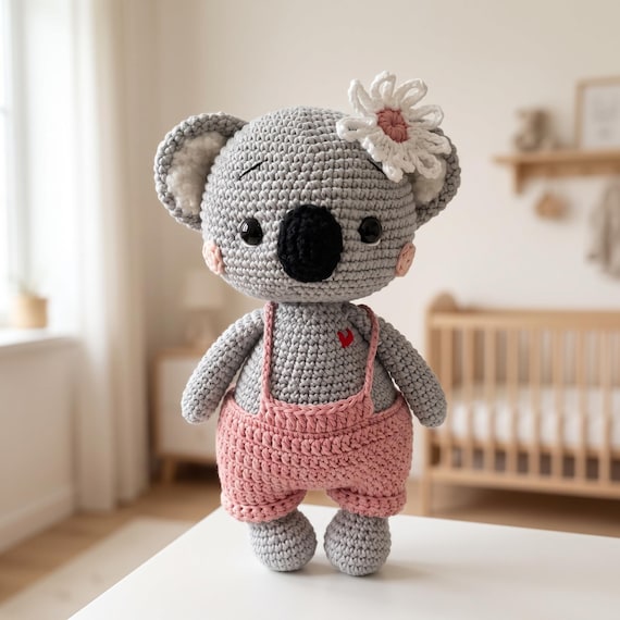 Crochet Koala in Pink Overalls, Cotton Baby Girl Gift, Amigurumi Stuffed Animal