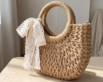 Brown Straw Tote Bag, Handmade Woven Purse, Lace Bow Crossbody Bag for Women