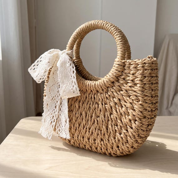 Brown Straw Tote Bag, Handmade Woven Purse, Lace Bow Crossbody Bag for Women