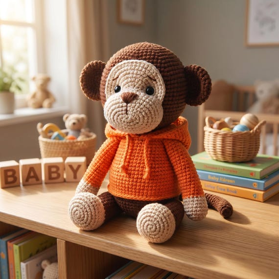 Crochet Monkey Plush Toy, Handmade Amigurumi, Cotton Stuffed Animal, Baby Gift, Nursery Decor