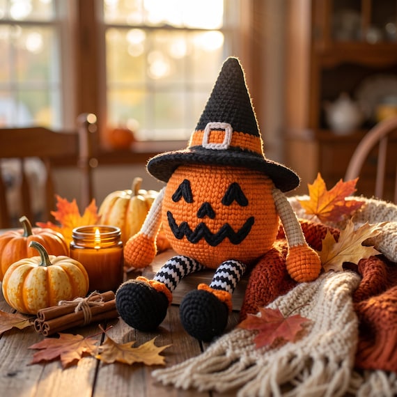 Crochet Pumpkin Man with Witch Hat, Amigurumi Halloween Shelf Sitter Plush