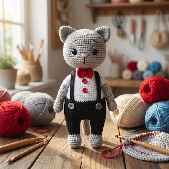 Handmade Crochet Cat Plush Toy, Amigurumi Animal Doll, Soft Yarn, Nursery Decor