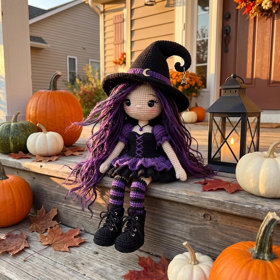 Crochet Witch Doll with Purple Hair, Amigurumi Halloween Art Doll, Handmade Collectible Gift