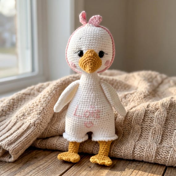 Crochet Duck Doll, Personalized Baby Gift, Handmade Amigurumi Nursery Decor