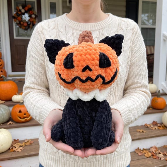 Tığ İşi Kabak Kedisi, El Yapımı Amigurumi Cadılar Bayramı Süslemesi, Jack-o'-Lantern Peluş Oyuncak