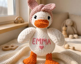 Personalized Crochet Duck Plush with Name, Handmade Amigurumi Toy, Custom Baby Girl Gift