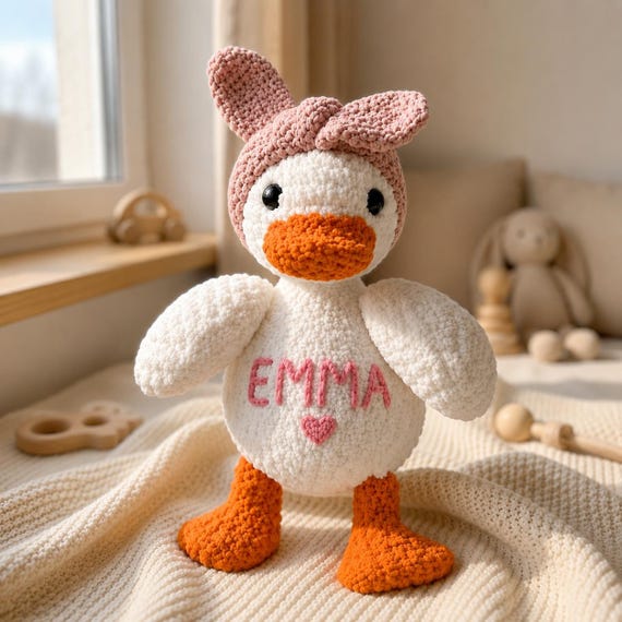 Personalized Crochet Duck Plush with Name, Handmade Amigurumi Toy, Custom Baby Girl Gift