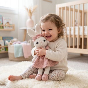 K&ouml;nnte beinhalten: Eine geh&auml;kelte Hasenpuppe mit rosa Kleid, Schuhen und einem Blumenstirnband. Der Hase hat schwarze Augen und eine rosa Nase. Die Puppe wird von einem l&auml;chelnden Kind gehalten.