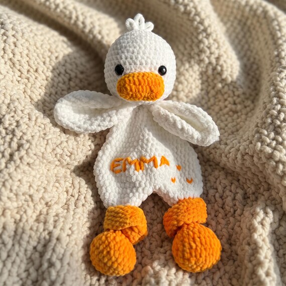 Personalized Lovey with Name, Crochet Duck Snuggler, Custom Baby Comforter