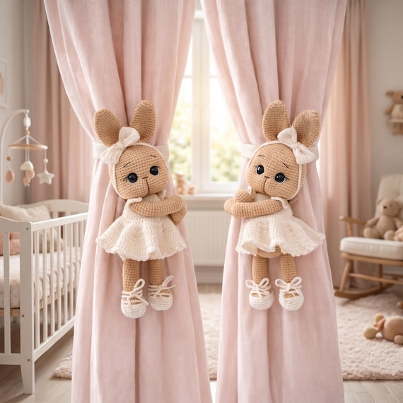 Crochet Bunny Curtain Tiebacks, Handmade Amigurumi Rabbit, Personalized Baby Nursery Decor