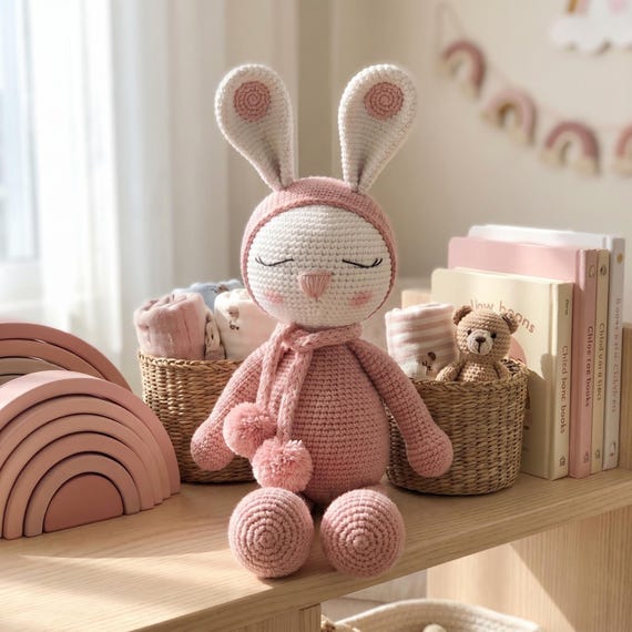 Crochet Sleepy Bunny Plush, Handmade Amigurumi Rabbit, Baby Nursery Keepsake