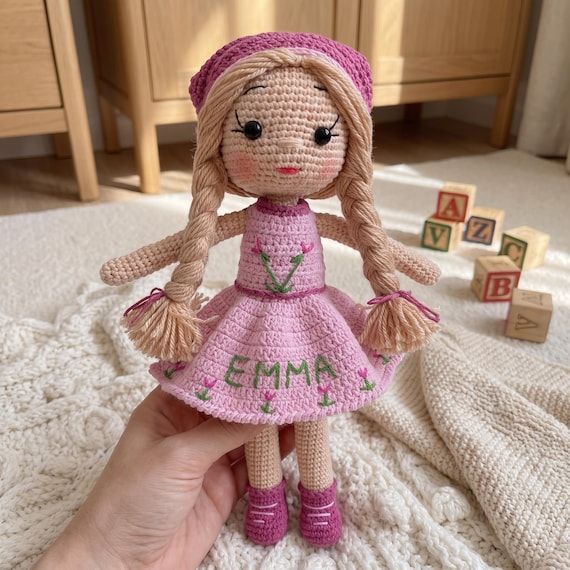 Custom Plush Doll, Personalized Crochet Amigurumi for Girls-Christening Baby Shower Gift