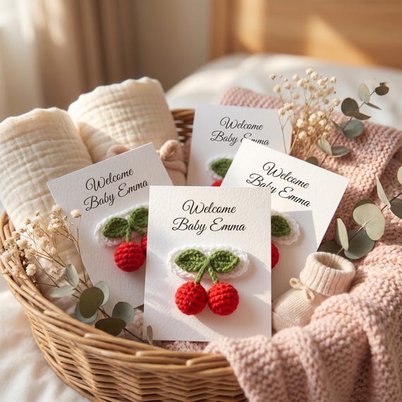 Crochet Cherry Hair Clips, Baby Shower Favors - Personalized Party Gifts