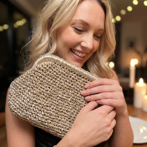 Handmade Crochet Clutch Purse for Summer Evenings, Woven Straw Style Handbag