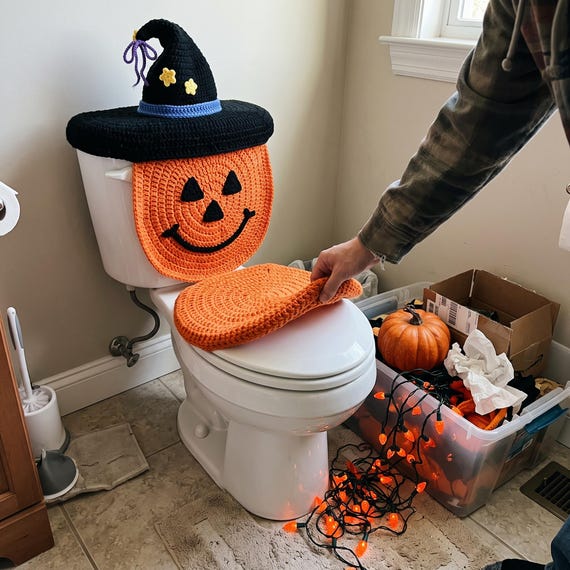 Cadılar Bayramı Tuvalet Kılıfı, Tığ İşi Balkabağı Banyo Dekorasyonu, Cadı Şapkası ve Jack-o'-Lantern Seti