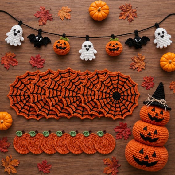 Crochet Halloween Decor Set, Garland Placemats Coasters Pumpkin Centerpiece, Luxury Gift Box