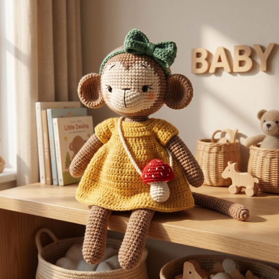 Crochet Monkey Plush, Handmade Stuffed Animal Toy - Personalized Baby Gift