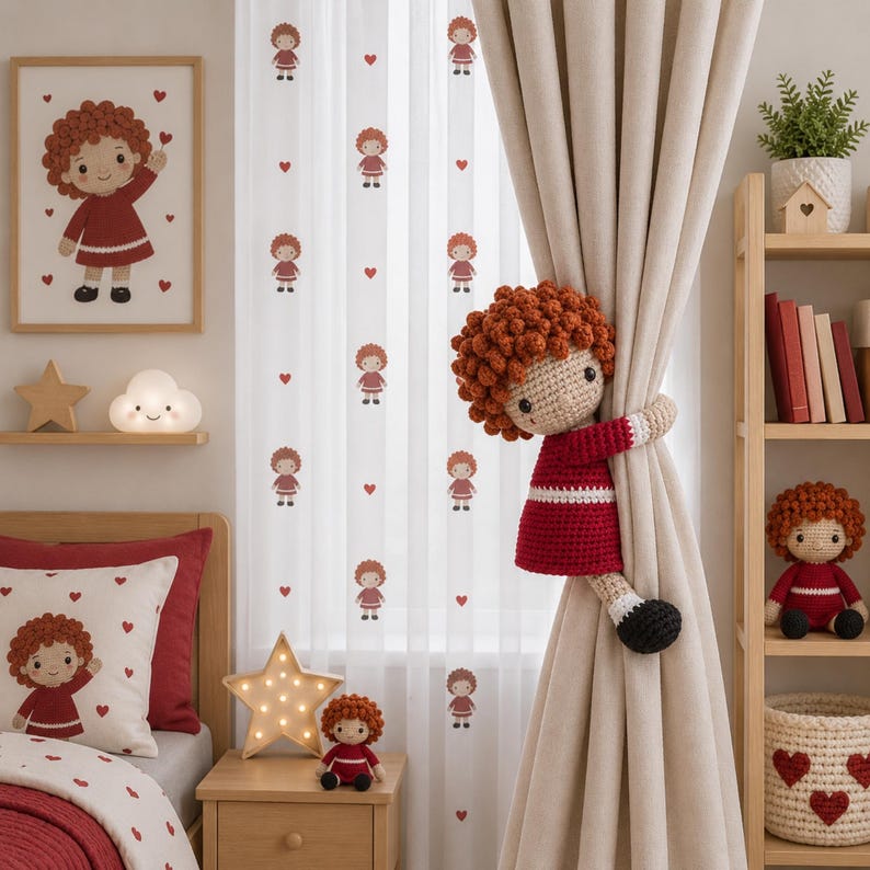 May include: A crochet doll with curly auburn hair, wearing a red dress with a white stripe, functions as a curtain tieback. The doll has a beige face, black eyes, and black shoes, and is wrapped around a beige curtain panel in a room setting.