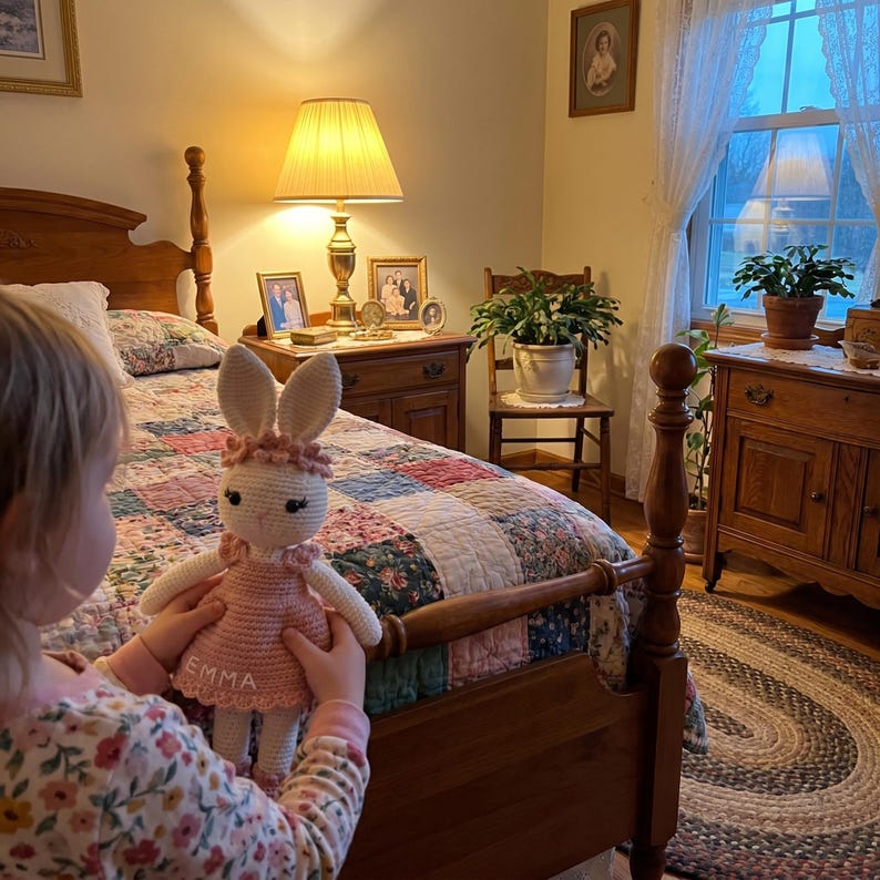 K&ouml;nnte beinhalten: Handgefertigte H&auml;kelkaninchenpuppe in einem rosa Kleid, gehalten vor einer Patchwork-Steppdecke auf einem h&ouml;lzernen Bettrahmen. Die Puppe hat lange Ohren und den Namen "EMMA" auf dem Kleid gestickt. Der Raum hat eine warme, einladende Atmosph&auml;re.