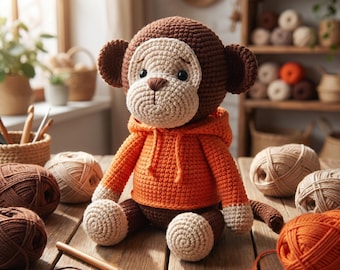 Crochet Monkey Plush Toy, Handmade Amigurumi, Cotton Stuffed Animal, Baby Gift, Nursery Decor