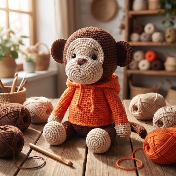 Crochet Monkey Plush Toy, Handmade Amigurumi, Cotton Stuffed Animal, Baby Gift, Nursery Decor