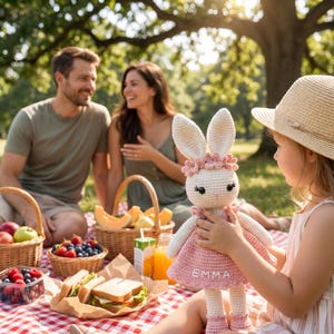 K&ouml;nnte beinhalten: Eine Picknick-Szene mit einer geh&auml;kelten Hasenpuppe in einem rosa Kleid mit dem Namen "EMMA". Das Picknick umfasst eine rot-wei&szlig; karierte Decke, K&ouml;rbe mit Essen und eine Parkkulisse mit einem gro&szlig;en Baum.