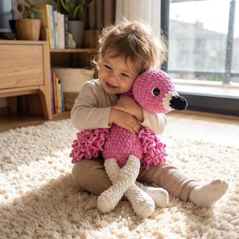 Little girl hugging pink crochet flamingo plush toy, soft handmade stuffed animal companion