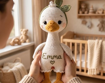 Personalized Crochet Duck Toy, Organic Cotton Amigurumi Doll, Handmade Baby Gift