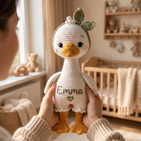 Personalized Crochet Duck Toy, Organic Cotton Amigurumi Doll, Handmade Baby Gift