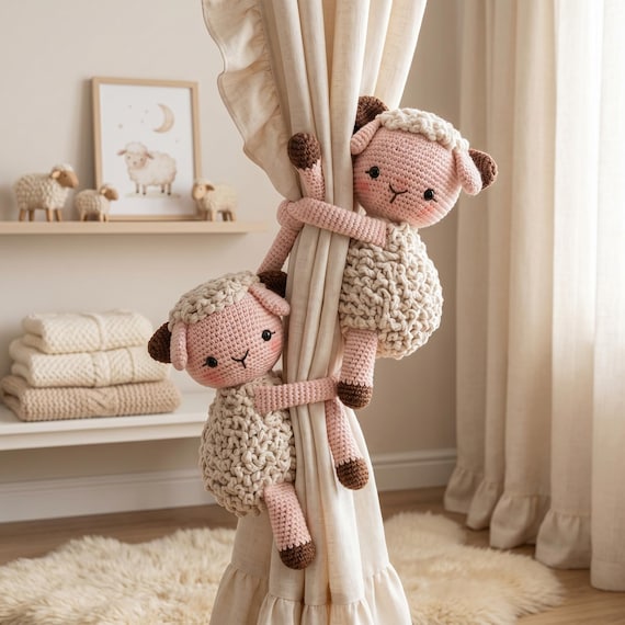 Sheep Curtain Tiebacks, Crochet Curtain Holder Set, Nursery Decor