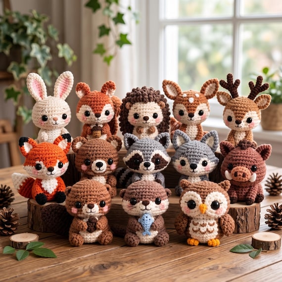 Crochet Woodland Animal Plush Set, Mini Fox Deer Owl Forest Friends