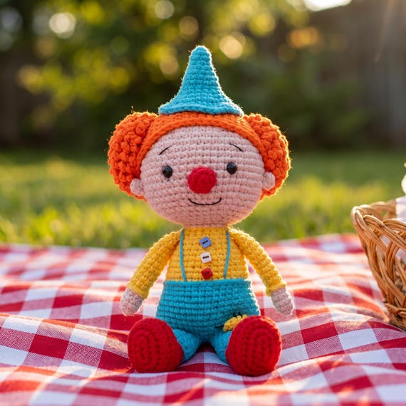 Tığ İşi Palyaço Bebek, Kişiye Özel Sirk Peluş Oyuncak, Amigurumi Oyuncak, Retro Gökkuşağı Bebek Odası Dekorasyonu