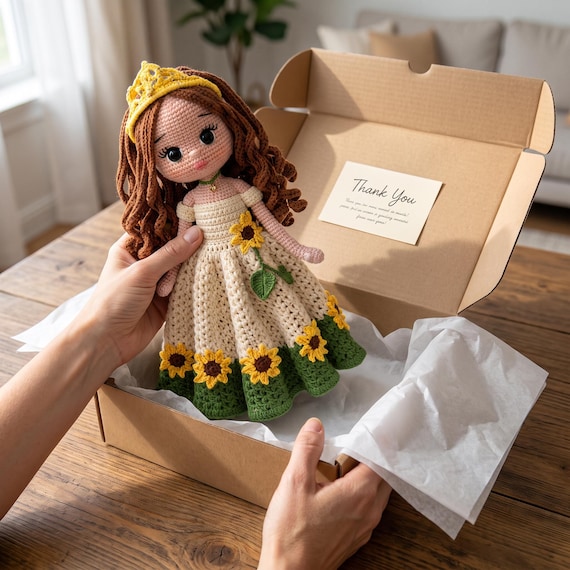 Crochet Princess Doll with Sunflower Dress and Crown, Amigurumi Birthday Gift for Girls