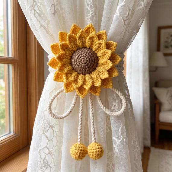 Crochet Sunflower Curtain Tieback, Handmade Curtain Holder, Boho Home Decor