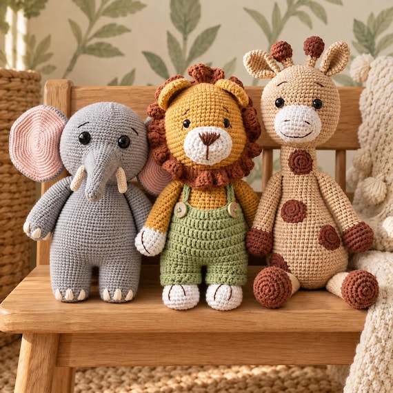 Safari Stuffed Animals, Crochet Lion Elephant Giraffe Plush, Handmade Baby Shower Gift