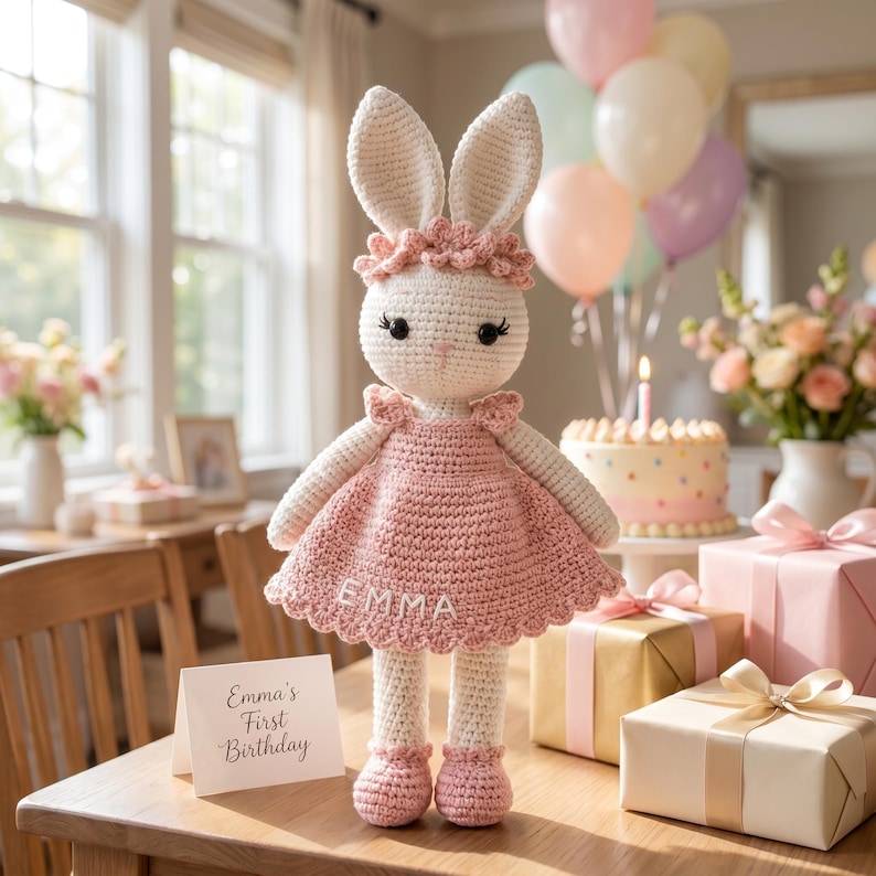 K&ouml;nnte beinhalten: Eine handgefertigte H&auml;kelkaninchenpuppe mit einem rosa Kleid, auf dem der Name "EMMA" gestickt ist. Die Puppe hat lange Ohren, ein Blumenstirnband und passende Schuhe. Ein Geburtstagskuchen, Geschenke und Luftballons sind im Hintergrund. Eine Karte lautet "Emma's First Birthday."