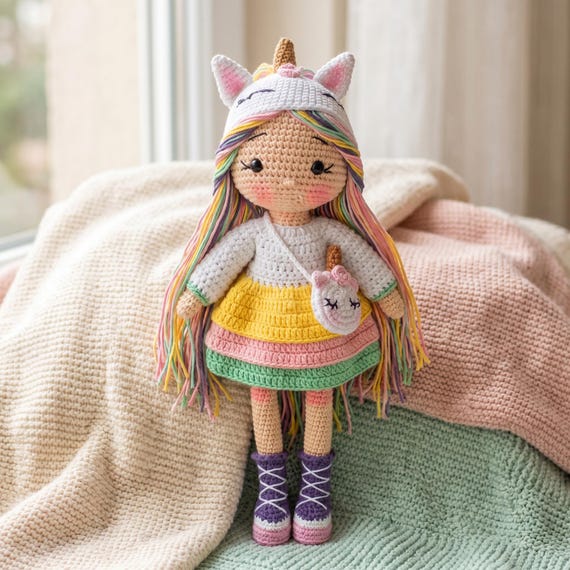 Crochet Unicorn Doll, Handmade Amigurumi Girl, Rainbow Nursery Decor