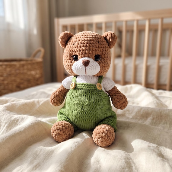 Crochet Teddy Bear in Overalls, Personalized Baby Boy Gift, Custom Name Keepsake
