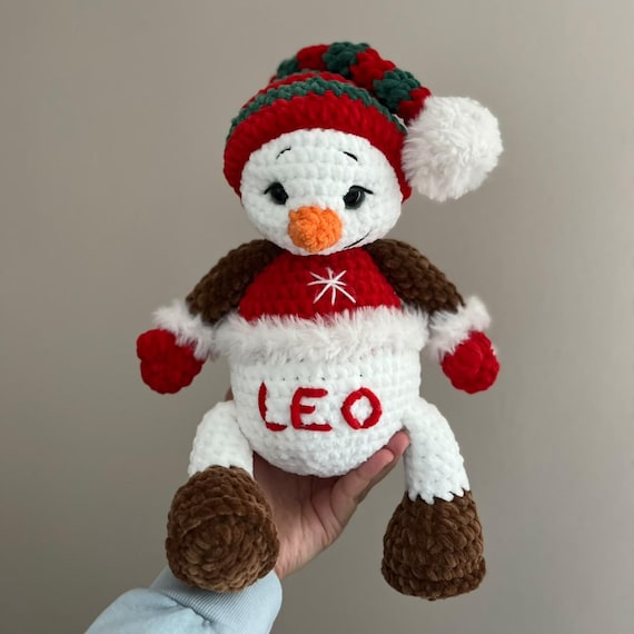 Personalized Snowman Plush with Name, Crochet Christmas Gift for Kids